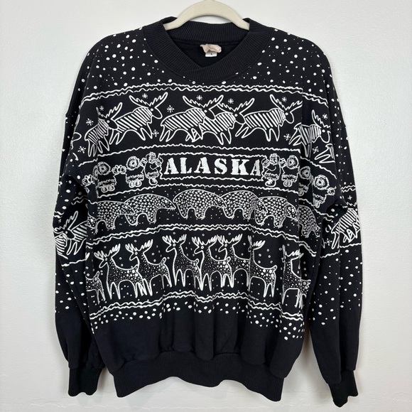 Caribe Sportswear Vintage Alaska Sweatshirt Black Sz L Reindeer Eskimo Snow 80's - Picture 14 of 16